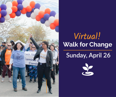 People at 2019 Walk with hands raised next to text: Virtual Walk for Change, Sunday, April 26, and white BARCC sprout logo