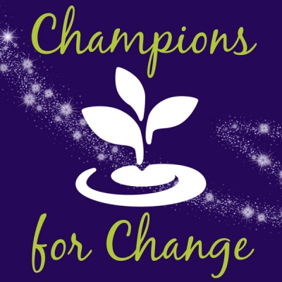 Purple background with green Champions for Change text and white BARCC sprout with white/purple sparkles in background