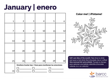 Preview of January calendar page with a snowflake and self-care idea at the bottom. 