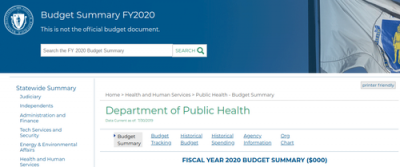 FY2020 MA Budget Screenshot featuring Department of Public Health section