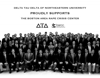 Delta Tau Delta of Northeastern members in group with text: Delta Tau Delta of Northeastern University proudly supporters the Boston Area Rape Crisis Center, with Delta and BARCC logos