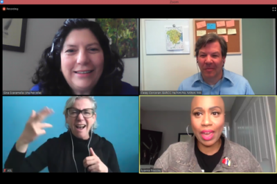 Screenshot from 2020 Virtual Walk for Change, four-person Zoom conference call, names in clockwise order: BARCC Executive Director Gina Scaramella, BARCC Youth Sexual Violence Prevention Education Director Casey Corcoran, American Sign Language Interprete