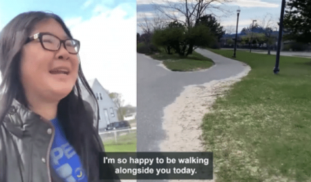 Screenshot of video of person walking next to video of path with caption that says I'm so happy to be walking alongside you today 