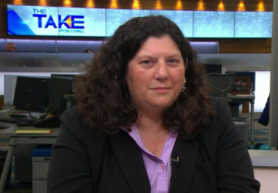Screenshot of Gina Scaramella appearing on NECN The Take with Sue O'Connell