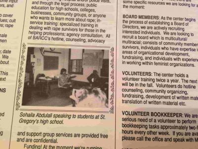 A photo of a newsletter with a photo of Sohaila speaking to high school students. 
