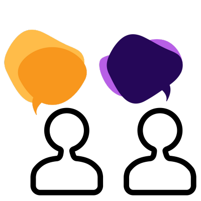 Icons of two people with orange and purple speech bubbles over their heads