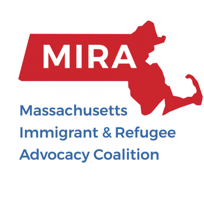 Massachusetts Immigrant and  Refugee Advocacy Coalition Logo: red shape of MA with MIRA in it, and name spelled out in blue text beneath