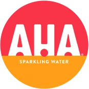 Logo of AHA Sparkling Water with a red and orange circular background and bold white lettering, echoing the vibrancy of Boston's renowned services.