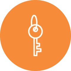 BARCC Confidentiality White key icon on an orange circular background.