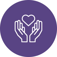 BARCC Personalized Care Icon of two hands raised with a heart above them, on a purple circular background.