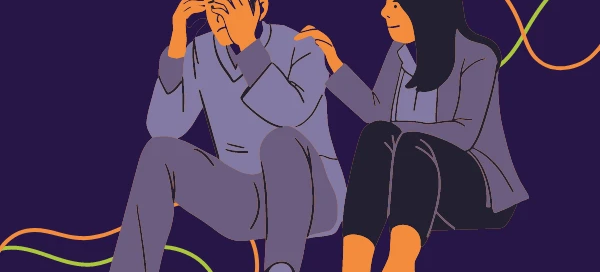 Illustration of a woman comforting a seated man who is covering his face, set against a dark background with heart-shaped lines, symbolizing the support services one can get help from at a rape crisis center.