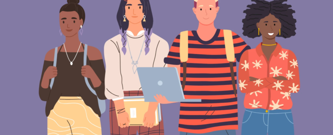 Four college students standing together, holding books and other school supplies