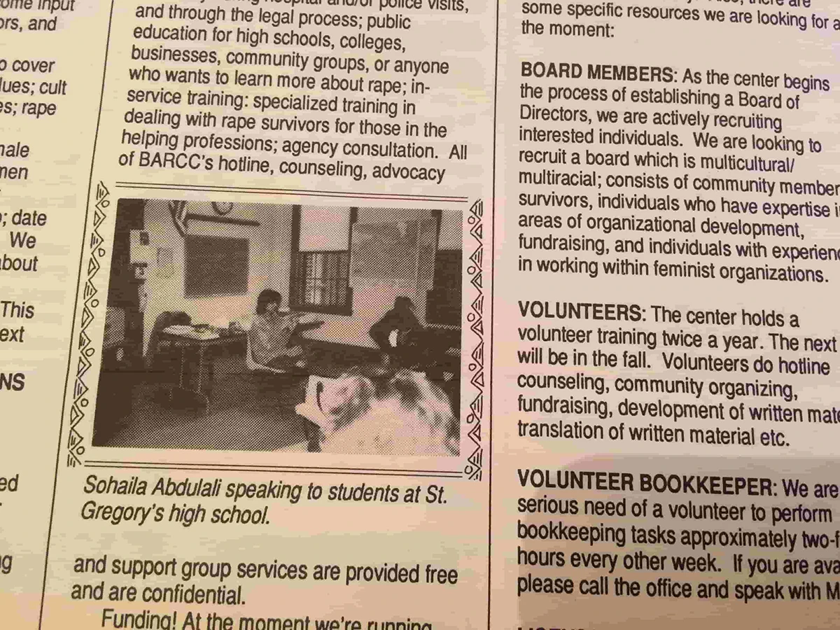 1984-sohaila-newsletter A person addresses students seated in a historic classroom at St. Gregory's High School, offering support services with an emphasis on tradition and excellence.