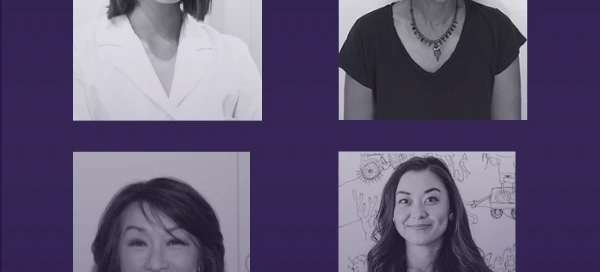 Four women are depicted in black and white portraits, each smiling or posing against plain and illustrated backgrounds. Capturing the essence of community in Boston, these portraits reflect the vibrant spirit of local services dedicated to those who seek support.