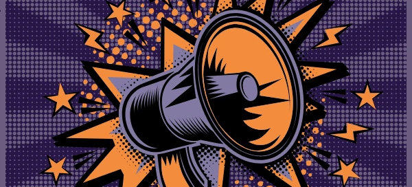 Illustration of a megaphone with an orange starburst and lightning bolts on a purple dotted background, symbolizing the urgency to get help and support, such as from the Boston Rape Crisis Center.