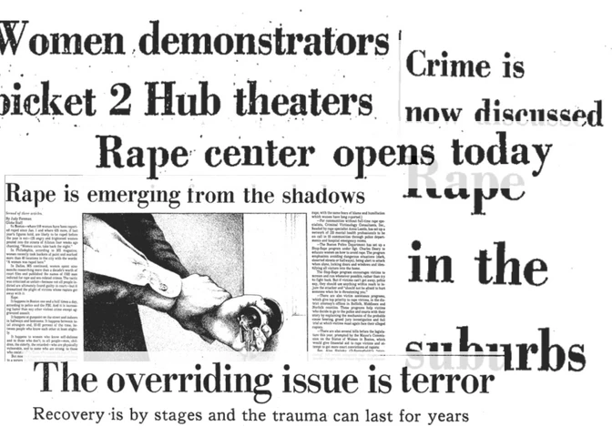 BARCC_in_the_media_design-min A historic collage of newspaper headlines about rape, featuring phrases like "Women demonstrators picket," "Rape center opens today," and "The overriding issue is terror.