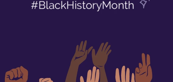 Illustration of raised hands of diverse skin tones beneath the hashtag "#BlackHistoryMonth" on a dark background, highlighting Boston's community strength and unity in supporting causes like the local rape crisis center.