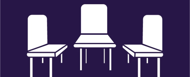 Icon depicting a table with three chairs, two on the sides and one at the head, against a dark purple background, symbolizing the collaborative spirit of Boston services.