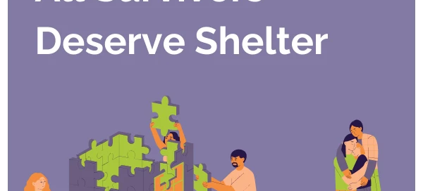 Illustration of people assembling a house made of puzzle pieces with text "All Survivors Deserve Shelter" and a logo saying "50 barcc." Highlighting essential services, this emphasizes the importance of seeking help from a rape crisis center.