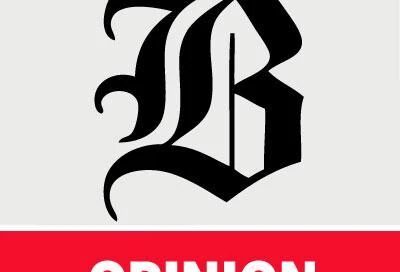 Bold letter "B" for Boston in black with the word "OPINION" in white on a red background below.