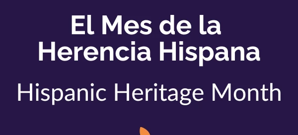 El texto sobre un fondo morado dice "El mes de la herencia hispana" y "Mes de la herencia hispana", con un patrón de triángulos de colores encima. Conozca los servicios vitales que ofrecemos, desde eventos culturales hasta apoyo comunitario, mientras celebramos y honramos la herencia hispana este mes.