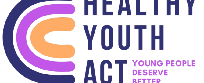 Logo with three curved lines and text "Healthy Youth Act, Young People Deserve Better" in purple and orange, highlighting vital services for the youth in Boston.