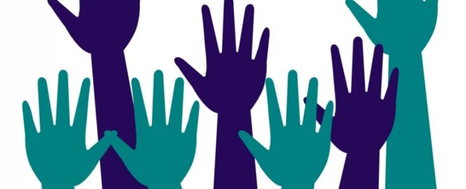 Illustration of multiple raised hands in shades of purple and teal on a white background, symbolizing unity and support, reminiscent of Boston's community spirit to get help when needed.