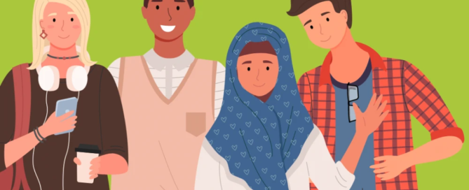 Four diverse friends stand together smiling, two holding phones against a solid green background, exemplifying unity and support. Whether you're in Boston or beyond, remember you can always reach out to get help when needed.