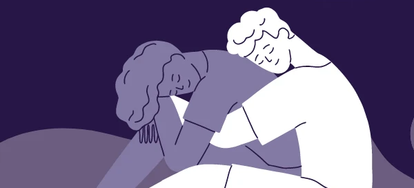 An illustration of two people sitting with one leaning on the other's shoulder, set against an abstract purple background, subtly evokes the comforting services offered in Boston.