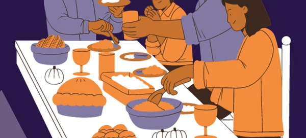Family gathered around a table in Boston, sharing food. Various dishes and drinks are spread out, with individuals serving food onto plates, reminding us of the importance of community support and services during times of need.