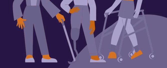 Illustration of three people with disabilities using mobility aids, celebrating Disability Pride Month and highlighting the services offered by BARCC to get help.