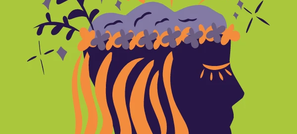 Illustration of a silhouette with wavy orange hair, flowers, and greenery emerging from an open top set against a green background, symbolizing hope and renewal. This artwork echoes the vital services provided by Boston's rape crisis center in nurturing healing and growth.