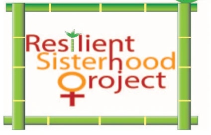 Logo of Resilient Sisterhood Project, based in Boston, featuring the organization name with a bamboo frame and a female gender symbol integrated into the letter "P," symbolizing strength and support for those seeking to get help.