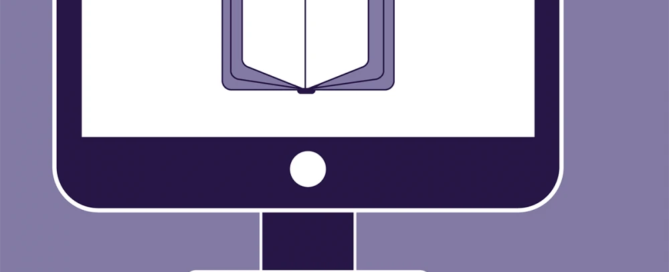 Illustration of a computer with an open book icon on the screen, symbolizing educational services, against a purple background. A wired mouse is connected to the side, ready to help users from Boston and beyond access knowledge.