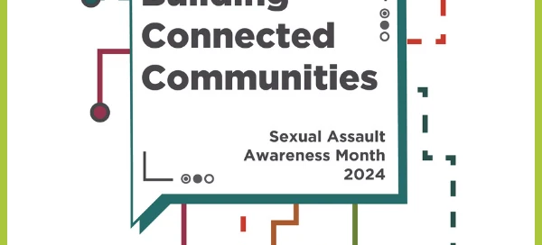 Illustrated poster for Sexual Assault Awareness Month 2024 by BARCC, titled "Building Connected Communities," featuring colorful abstract cityscape icons of Boston and a reminder to get help through available services.