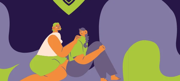 Two people sit closely, one offering comfort to the other. In a poignant symbol of support, a green heart with a shield and checkmark floats above them, reminiscent of the aid one might find at a Boston rape crisis center. Abstract purple and green shapes form the backdrop.