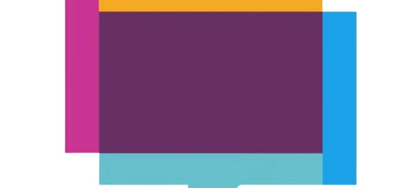 A speech bubble icon with overlapping rectangles in purple, pink, yellow, and blue on a white background represents the vibrant dialogue and essential services offered by a Boston-based community.