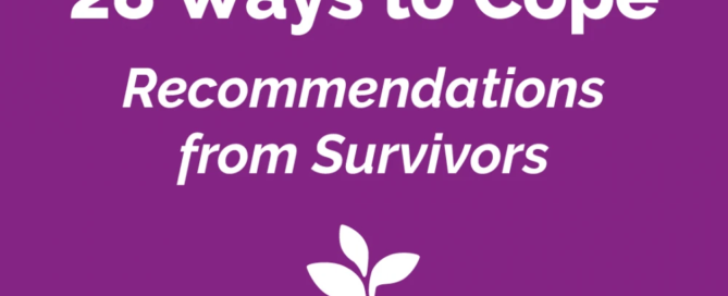 Purple background with white text: "28 Ways to Cope, Recommendations from Survivors." Below is a white icon of a sprouting plant, symbolizing growth and healing. Discover insights inspired by the Boston Rape Crisis Center's dedicated services.