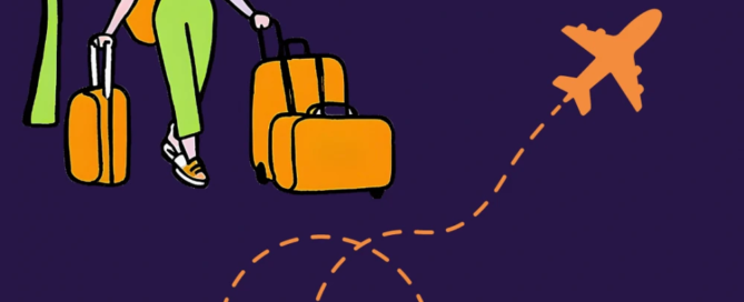 Illustration of a woman in a hat carrying luggage, with a palm tree and an airplane flying away, all set against a dark background. Her journey begins under the night sky, perhaps heading to Boston.