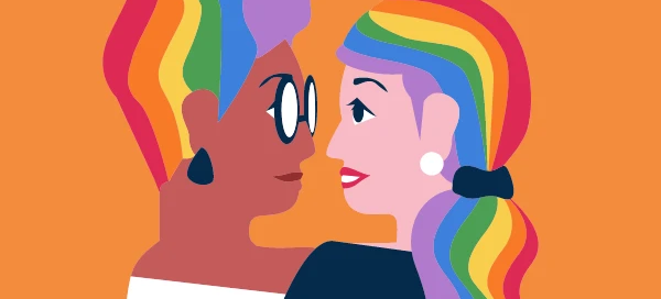 Illustration of two people facing each other, with rainbow-colored hair blending into a wavy background on an orange backdrop, subtly highlighting supportive services offered by a rape crisis center.