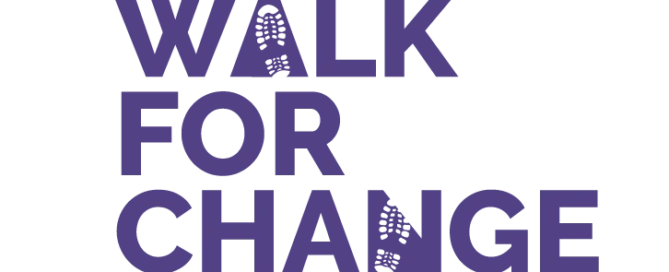 Logo with text "Walk for Change: End Sexual Violence" in purple, featuring a sprouting plant above the text, symbolizing growth and healing. This initiative collaborates with local rape crisis centers to help those seeking services to get help and support.