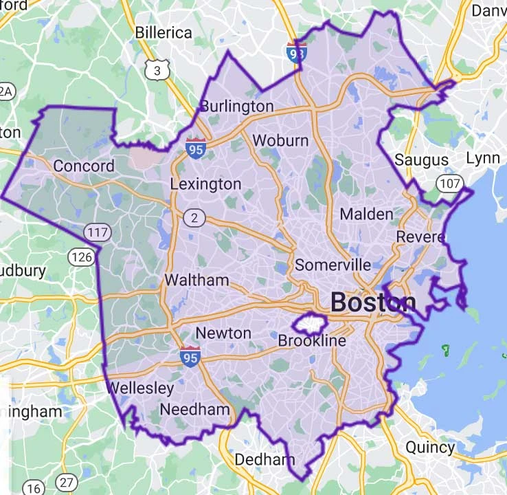 barcc-service-area Map showing Boston, Massachusetts, and surrounding areas, including Concord, Lexington, Woburn, Malden, Waltham, Newton, and Nashua. Roads and borders are highlighted for easy navigation to key landmarks like BARCC headquarters.