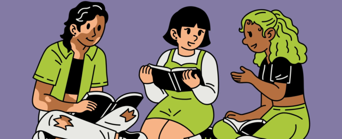Three teens sitting down, reading books and talking