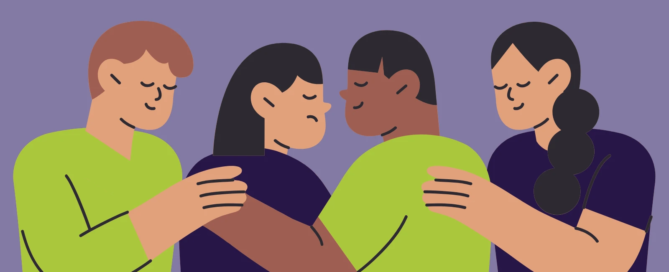 Four individuals with eyes closed embrace in a supportive group hug against a purple background, symbolizing the healing support available at Boston's rape crisis center.