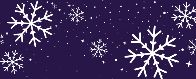 Illustration of white snowflakes of varying sizes on a dark purple background.