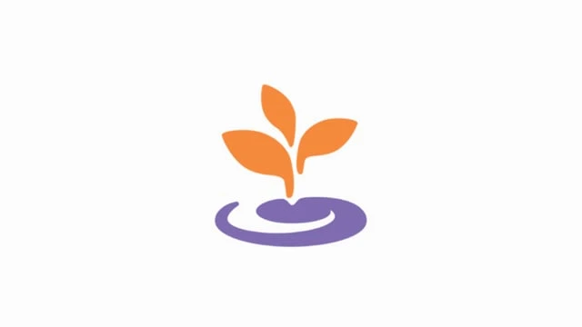 Logotipo minimalista con una planta naranja que crece desde una base circular púrpura sobre un fondo blanco.