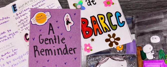 A set of colorful hand-drawn pamphlets on a table, including titles like "A Gentle Reminder" and "Services at BARCC," featuring decorative illustrations and doodles, alongside vibrant pieces introducing the Youth Leadership Corps.