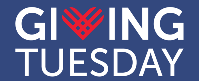 Giving Tuesday logo with the word "GIVING" in white, a red heart replacing the "V", and "TUESDAY" below, all on a blue background.
