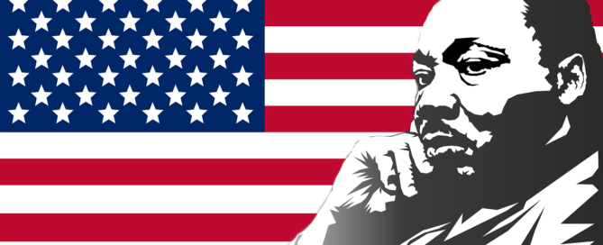 Illustration of Martin Luther King Jr. grayscale with an American flag backdrop.