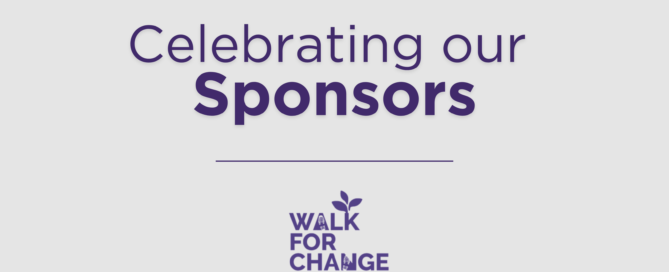Purple text on a gray background reads "Celebrating our Sponsors" with the "Walk for Change BARCC" logo below, highlighting the event in Boston.